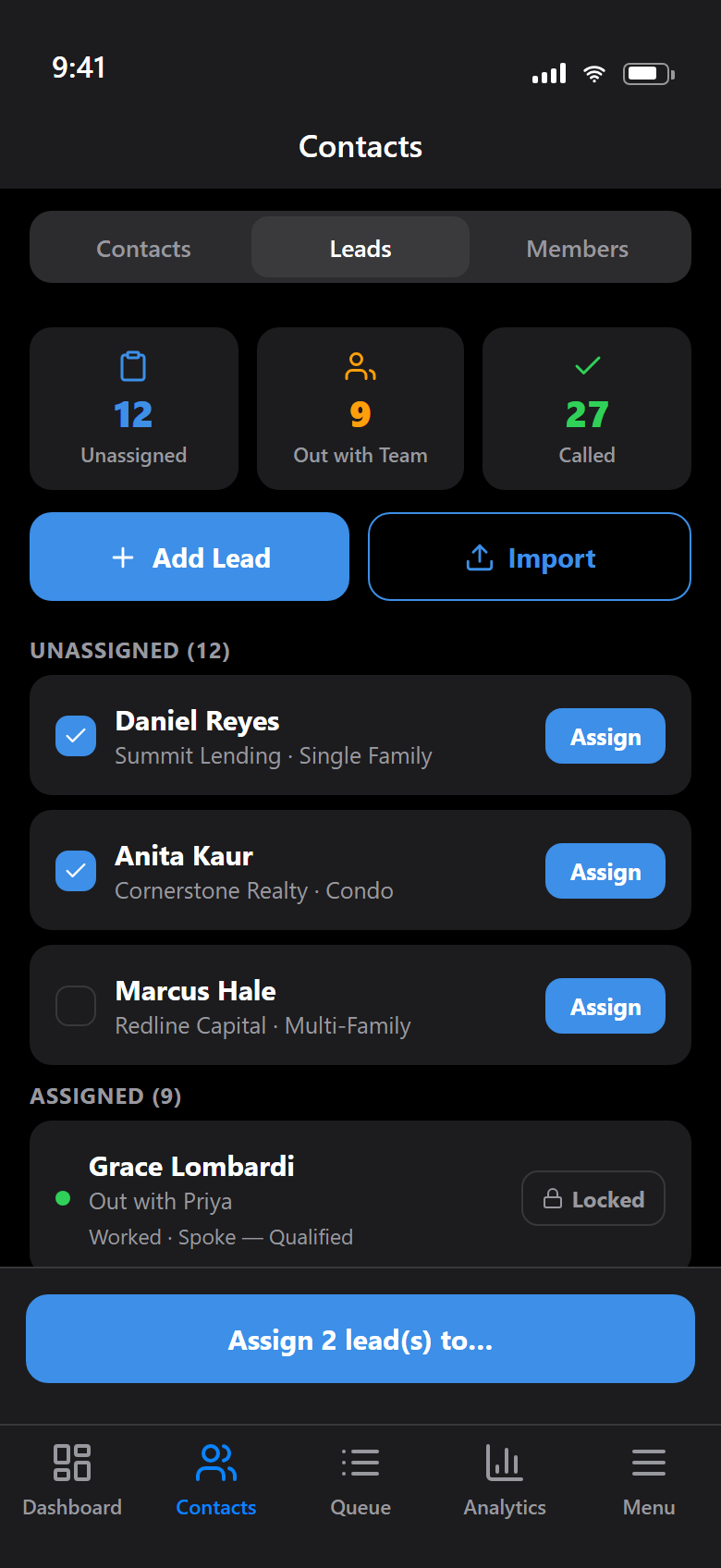 The Leads screen: unassigned company leads with checkboxes selected and an Assign 2 leads button