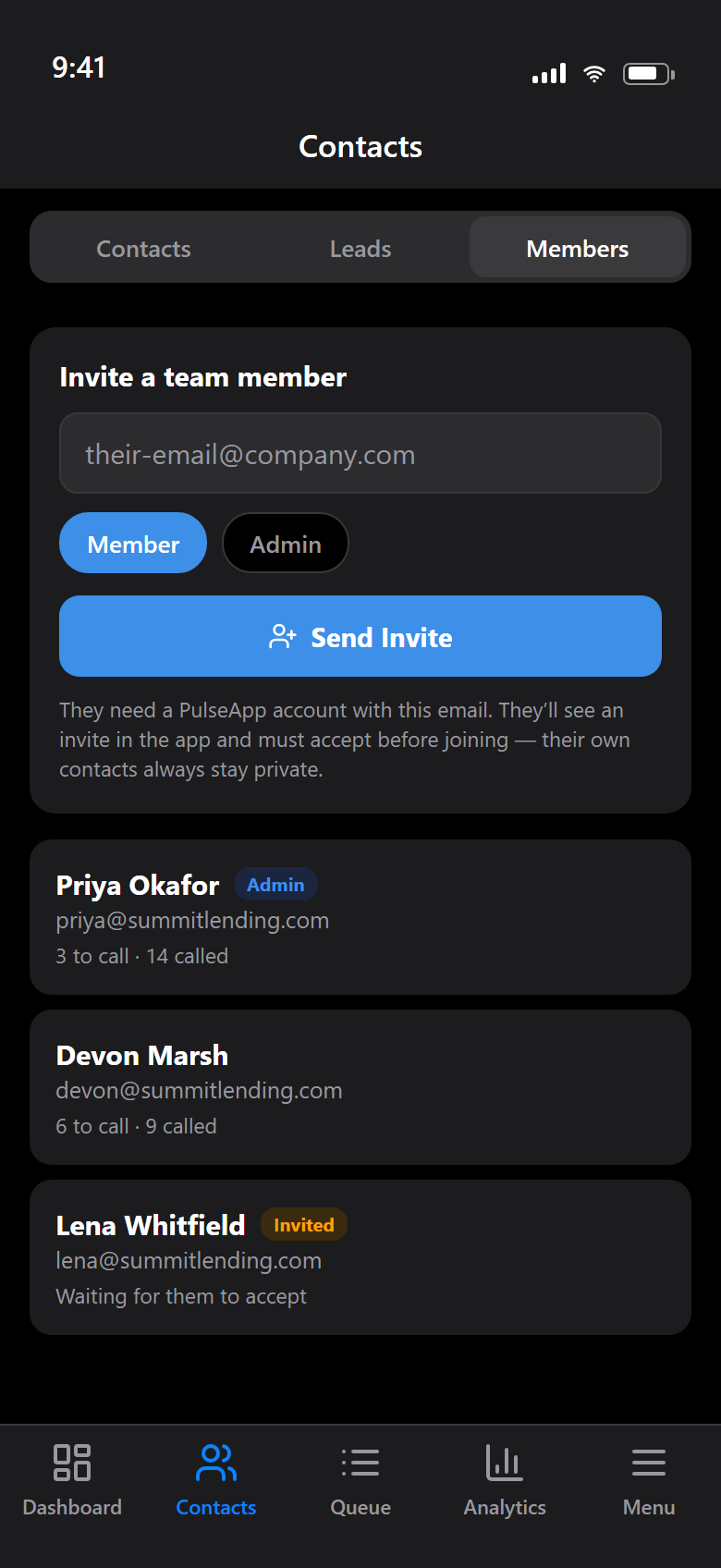The Members screen: an invite form with Member and Admin role chips, and a roster showing per-rep call counts